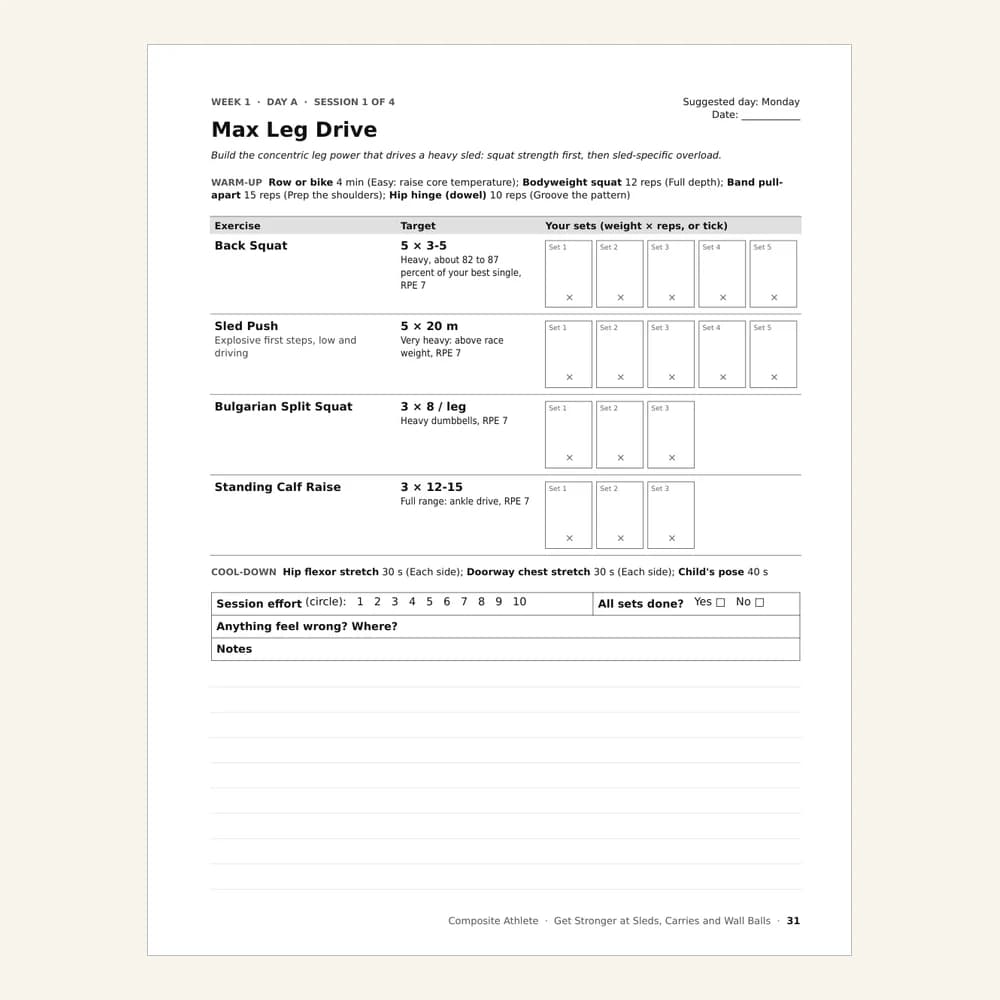 A session page from Get Stronger at Sleds, Carries and Wall Balls