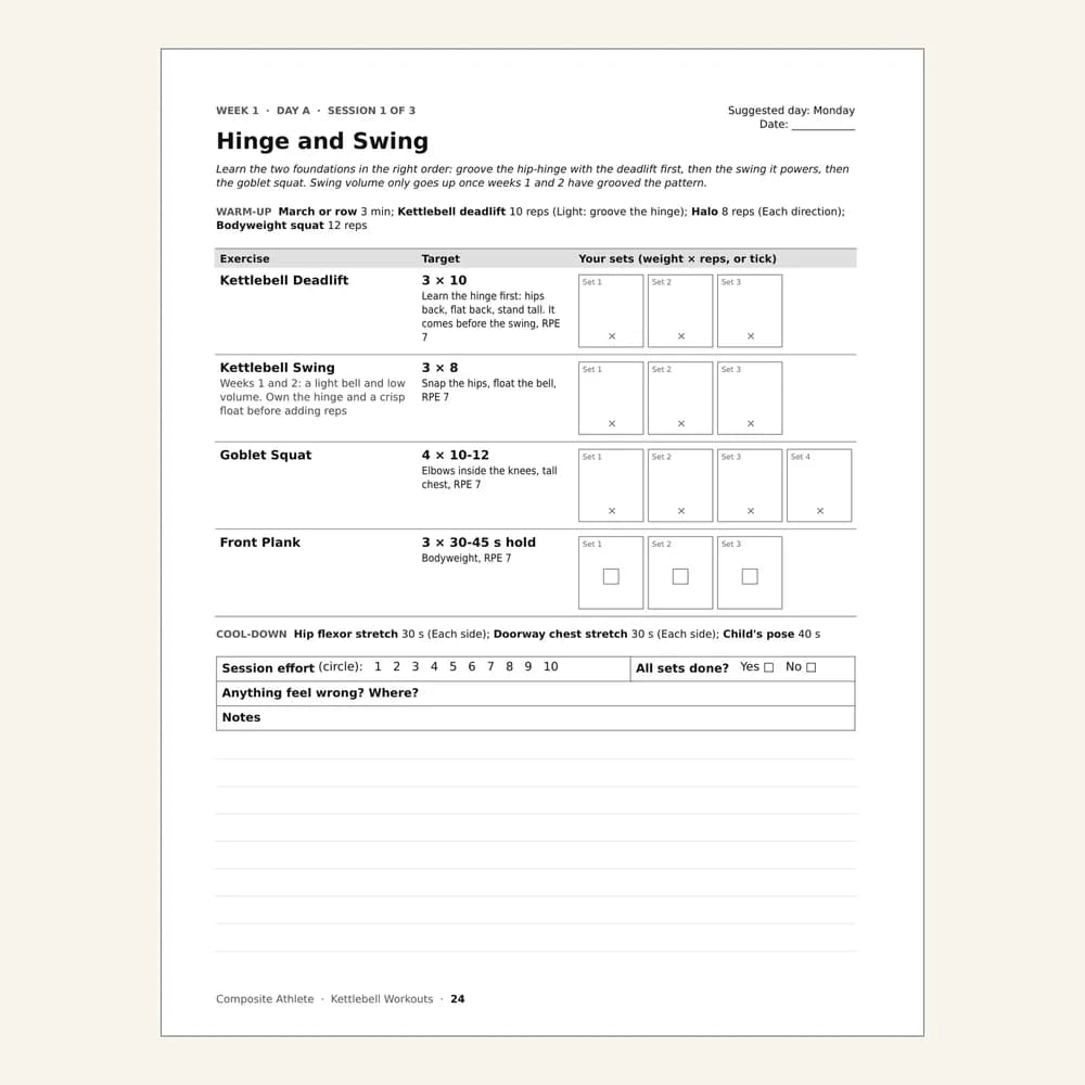 A session page from Kettlebell Workouts for Beginners